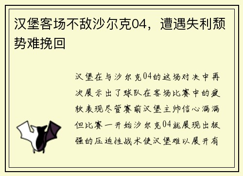 汉堡客场不敌沙尔克04，遭遇失利颓势难挽回